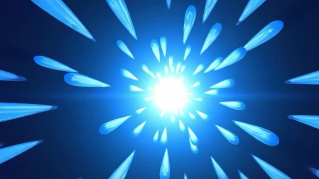 Abstract blue light burst with teardrop shapes on a dark background