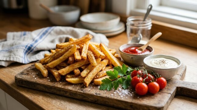 Golden brown french fries generously piled high on a rustic wooden board with tomato and parsley garnish