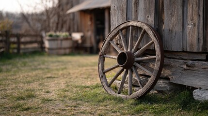 Fototapeta premium Wooden wagon wheel leaning against a rustic barn wall on a grassy field, with a blurred background of a wooden structure and garden planter