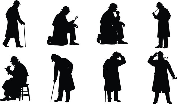 Black Vector Silhouette Collection of a Private Detective Character Wearing a Deerstalker Hat and Trench Coat Holding a Magnifying Glass and Smoking Pipe