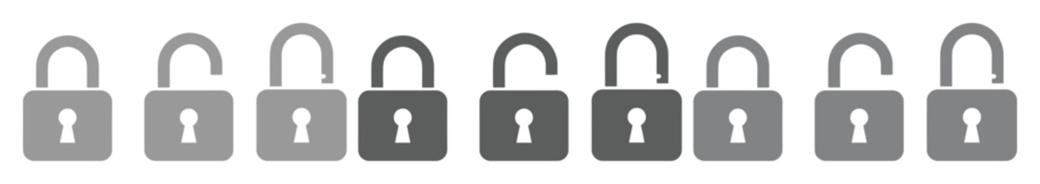 Minimalist padlock icon set in grey tones, security lock symbols with open and closed states, 9 vector elements for web and app interface design