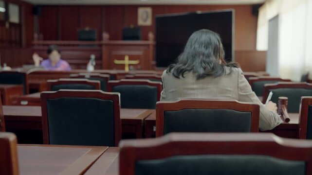 Woman sits in courtroom, facing judge. Back view shows her attentive posture. Room has wood paneling, rows of chairs. Judge sits at raised bench, behind large screen