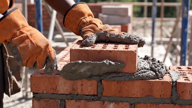 Construction worker laying bricks with mortar and trowel outdoors