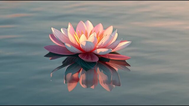 Pink Lotus Flower Blooming on Calm Water at Sunset