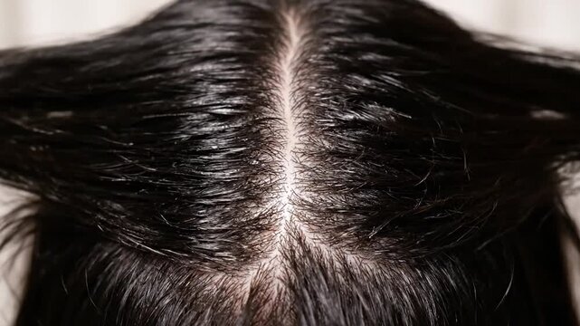 A person is examining their scalp and hair roots, checking for hair thinning or scalp condition