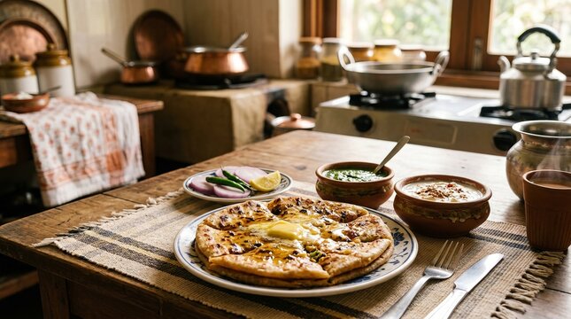 Delicious Indian paratha served with chutney and curd on a rustic wooden table in a cozy kitchen.