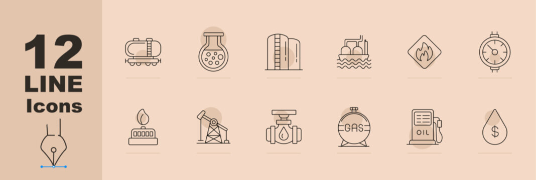 Oil and gas industry line icons set with tanker rail car, storage tank, refinery building, offshore platform, flammable sign, pressure gauge, gas burner, pumpjack, valve pipe, fuel tank, gas station