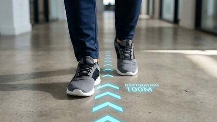 Fototapeta premium Ground Level Shot of Male Feet Walking with Glowing AR Navigation Arrows Projected on Floor Surfaces