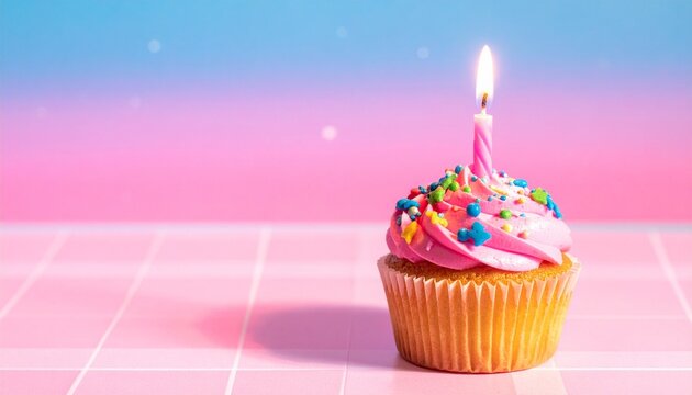 Cupcake with pink frosting and sprinkles, lit pink candle centered, pastel pink and blue gradient background, tiled surface, cheerful festive atmosphere symbolizing birthday celebration.