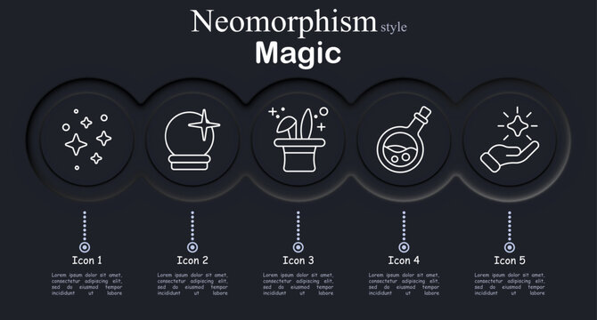 Magic set icon. Sparkle stars effect, crystal ball prediction, magician hat trick, alchemy potion bottle, glowing hand energy, mysticism fortune telling, fantasy illusion.