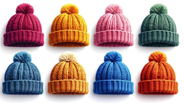 A collection of colorful knit hats with pom-poms on a white background