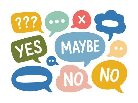 Yes No Maybe word text in talk shape, vector speech bubble illustration on white background, versatile design element for badges, stickers, marks, symbols, and icons, modern flat vector for creative 