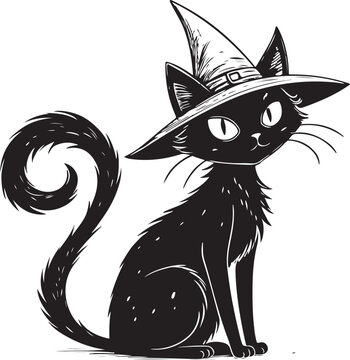 Witch Black Cat in Hat Halloween Hand-drawn Sketch Drawing Vector Illustration, Line Linear Symbol Black and White Engraving, Isolated