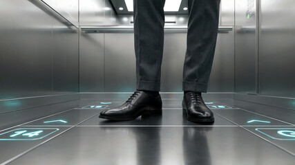 Fototapeta premium Low Angle Shot of Male Professional Feet Standing on Metallic Elevator Floor with Glowing Indicators
