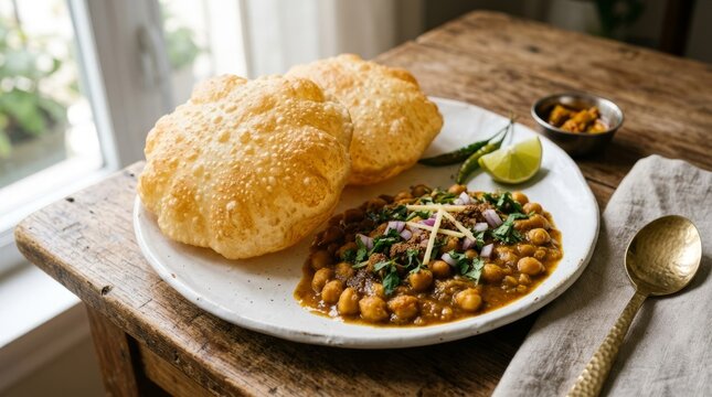 Delicious Indian chole bhature served with lime and pickles on a rustic wooden table