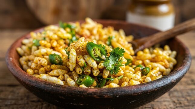 Spicy puffed rice snack with chilies and cilantro in a rustic bowl