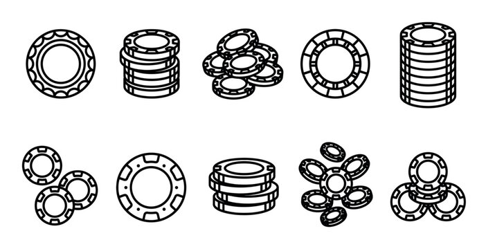 A collection of black and white line art icons representing poker chips in various arrangements, including stacks and scattered piles on a white background.