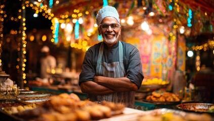 Obraz premium Smiling Baker Standing Behind Bakery Counter.