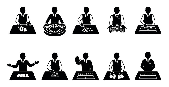 A collection of black and white icons depicting casino dealers performing various actions like dealing cards, spinning a roulette wheel, and handling chips.