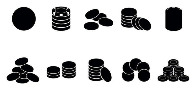 A collection of black silhouette icons depicting casino chips and coins arranged in various stacks and scattered groups on a white background, suitable for gambling or finance concepts.