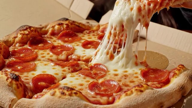 Pepperoni pizza being pulled out of a box with melted cheese