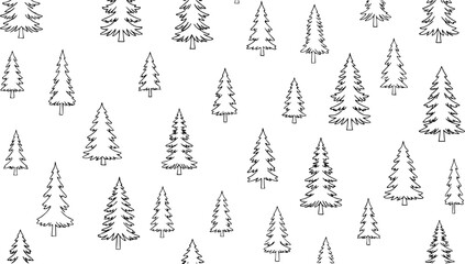 Obraz premium Seamless pattern of hand drawn black outline fir trees white background christmas