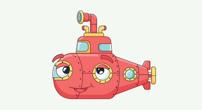 Cartoonish, red submarine with a smiling face, portholes, and a periscope