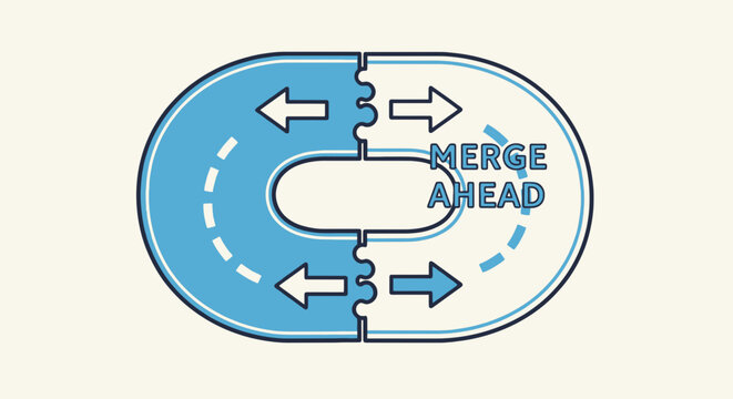 A stylized road sign depicts merging traffic with directional arrows and text "Merge Ahead