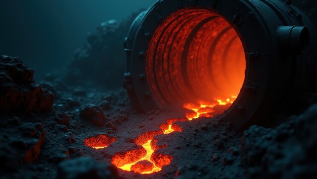 Deep sea submarine exploring hydrothermal vent with glowing lava cracks, bokeh dark abyssal ocean background
