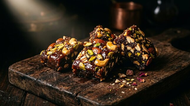 Deliciously rich date and nut bars, a sweet and healthy treat on a rustic wooden board.