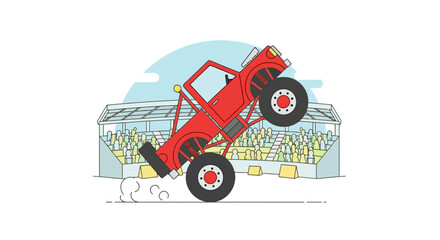 Cartoon illustration of a red monster truck performing a stunt in front of a stadium crowd © balla