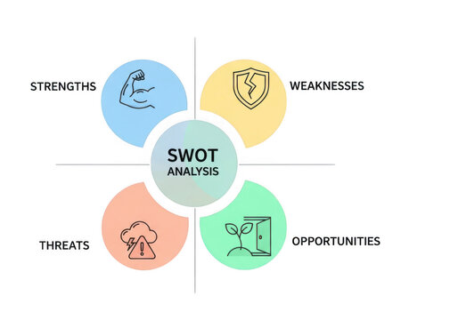 A swot analysis diagram with strengths, weaknesses, opportunities, and threats isolated on transparent background