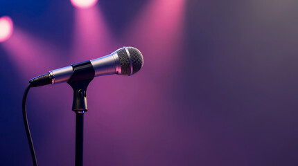 Obraz premium Modern Professional Microphone on Stand Stage Spotlight Equipment Still Life