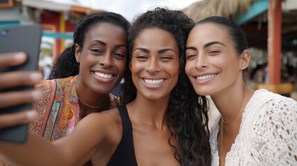 Fototapeta premium Three diverse women taking selfie together outdoors. Cheerful female friends smiling at smartphone camera. Lifestyle portrait of happy people enjoying summer vacation. Social media sharing concept.