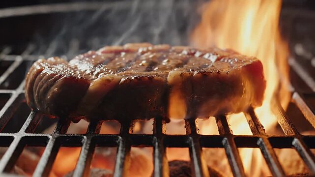 A juicy steak sears on a hot grill with flames licking the meat