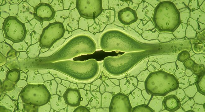 Microscope view of plant stomata with guard cells and epidermal cells, plant biology and photosynthesis science concept