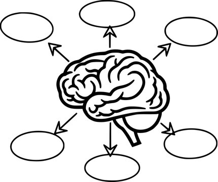 Black and White Brain Diagram with Outgoing Arrows and Empty Text Bubbles mind thinking