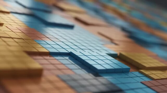 Colorful 3d puzzle pieces on a grid background