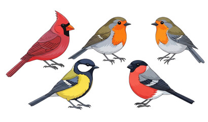 Colorful wild bird illustration set with cardinal robin great tit and bullfinch on white background © MstRuna