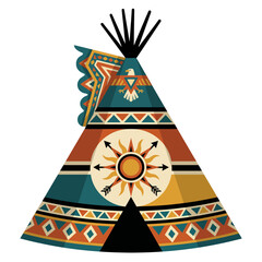 An artistic teepee showcasing vibrant colors and tribal patterns, representing cultural heritage and the simplicity of life connected to nature and tradition. © free