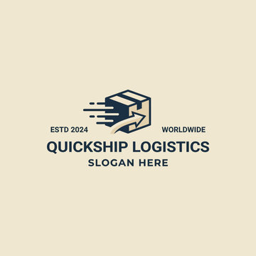 This logo design highlights a moving box with speed lines and an arrow, symbolizing prompt and efficient logistics services for shipping and delivery worldwide.