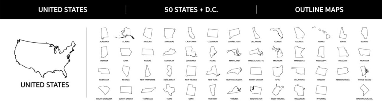 Maps of states of USA. Set of all 50 American States maps of United States + Washington DC icon set in outline