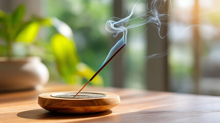 Fototapeta premium Burning incense stick on a wooden holder with graceful smoke trail in a bright sunny room, mindfulness and aromatherapy zen home wellness lifestyle concept, defocused background,