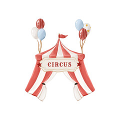 Circus tent with banner and balloons, isolated watercolor clipart. Carnival entrance illustration for posters, invitations, branding, party decor and event design. © Eva Gentle