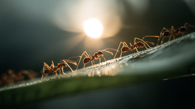 Close up macro of ants walking in line on leaf at sunset, teamwork and cooperation concept with warm backlight and shallow depth of field
