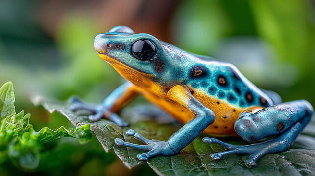 Colorful poison dart frog on leaf macro close up, vibrant tropical amphibian with detailed texture and glossy skin in rainforest environment