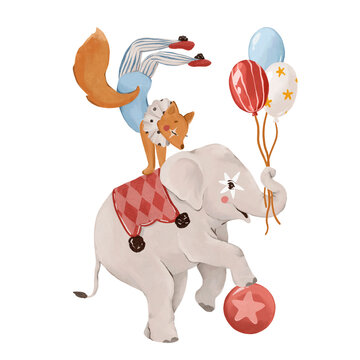 Circus elephant balancing on ball with fox acrobat, isolated watercolor clipart. Cute carnival animal illustration for nursery design, posters, invitations, baby products and prints