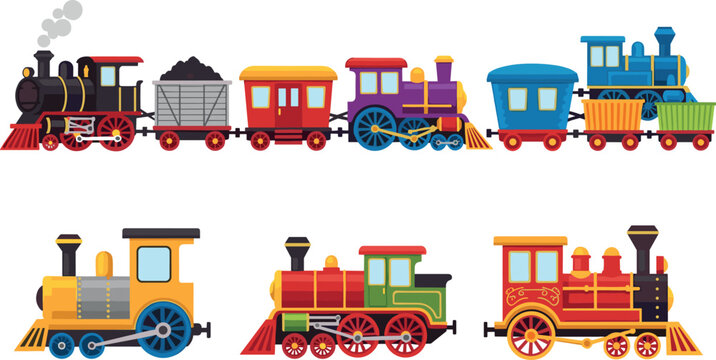 Hand-Drawn Colorful Train Illustration Set with Vintage, Steam, and Modern Train Designs for Kids and Transportation Art Concepts