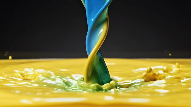 Blue liquid splashes into yellow liquid, creating droplets and crown shape