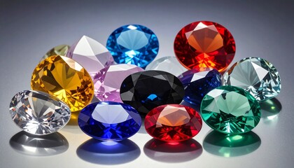 Fototapeta premium Colorful gemstones are neatly arranged on a black background, creating strong contrast. Faceted surfaces reflect light, enhancing each vivid color with brilliance. 